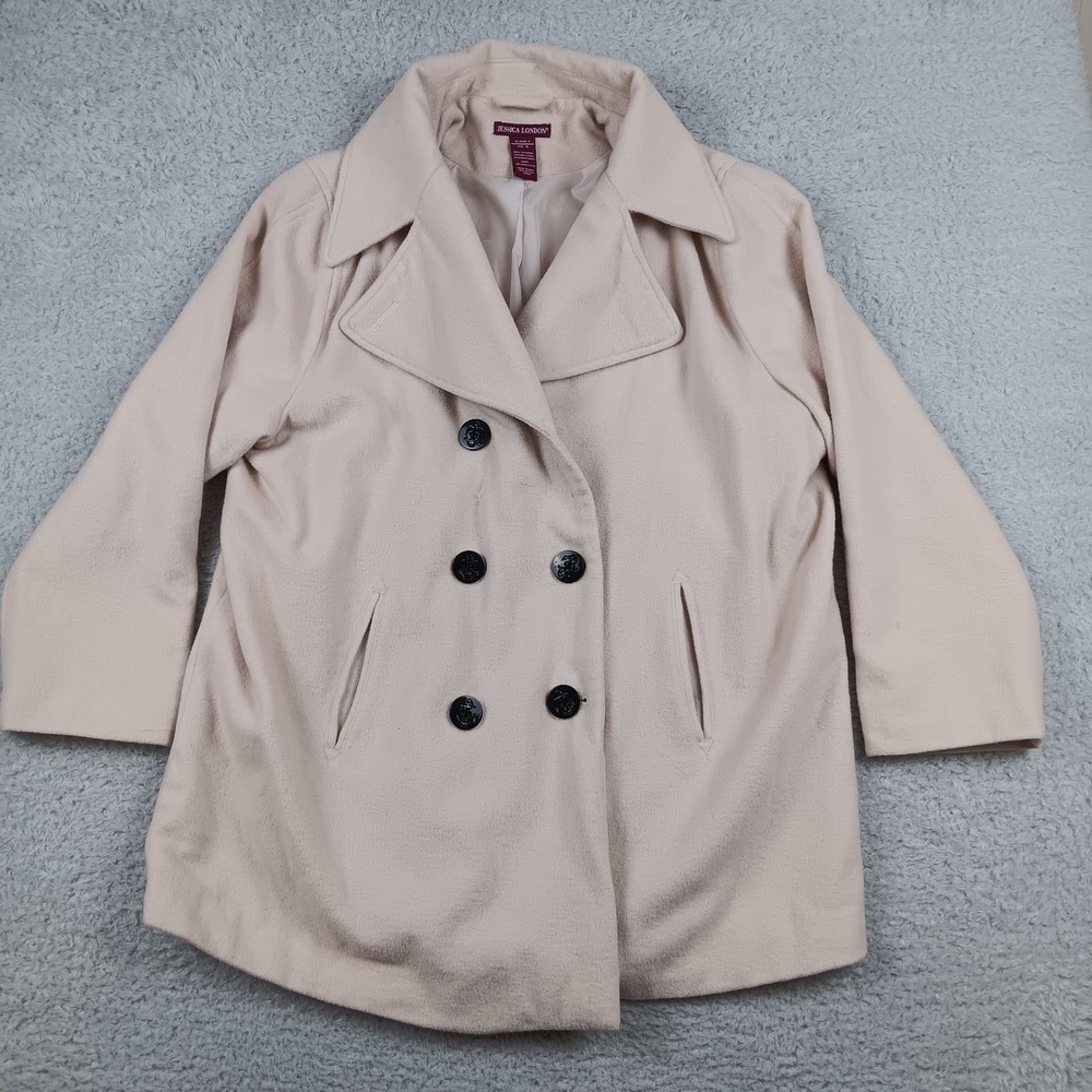 Jessica London Pea Coat Women 16 Cream Wool Blend Double Breasted 01-0180-8